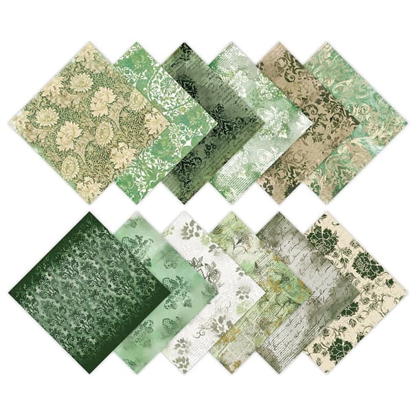 Scrapbookingpapir - 12 ark i grønne nyanser og vintageinspirerte mønstre