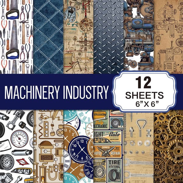Scrapbookingpapir Machinery Industry - 12 ark med industrimotiver
