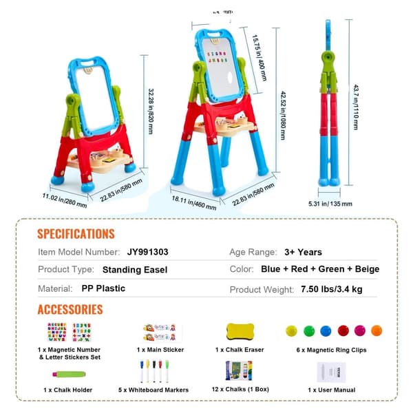 Magnetisk ritbräda med staffli, justerbar höjd, bärbar design,1 st