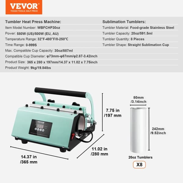 VEVOR Tumbler Värmepressmaskin, 580W Effekt, 20oz Tumblers Ingår,ljusgrön