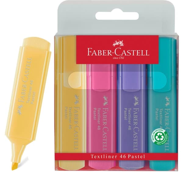 Highlighters 1546 Pastel 4 farver i plastiketui Faber-Castell 154610 FC
