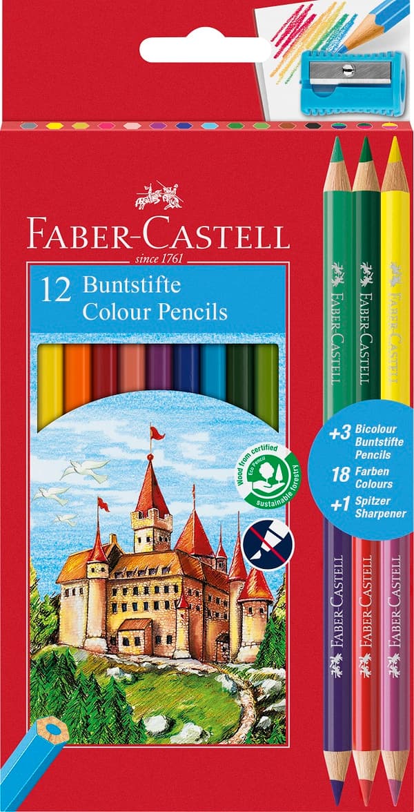 Castle Lyijykynät 12 tavallista + 3 kaksipuolista + teroitin Faber-Castell 110312 FC
