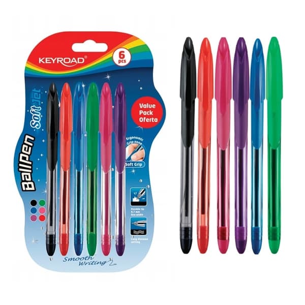 Klassisk Keyroad Kuglepen Blød stråle 0,7 mm på blister 6 stk Blanding farver KR972055