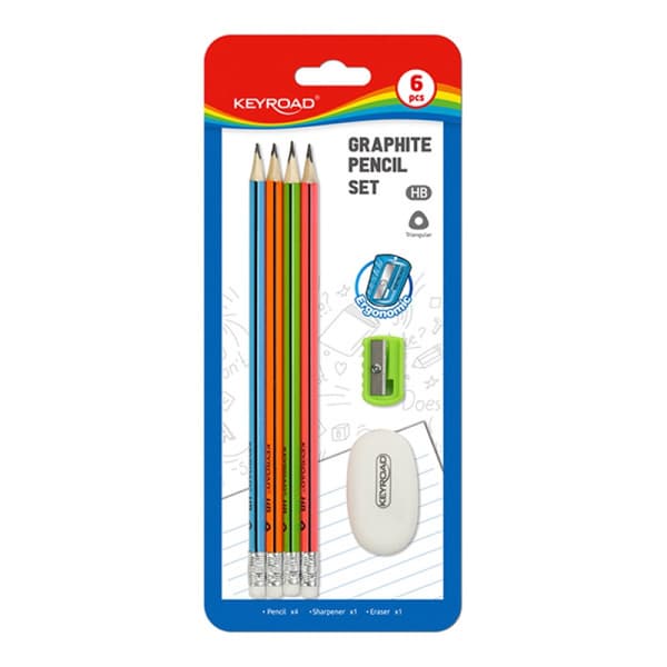 Keyroad träpennor Set med suddgummi och vässare Hb Blister Mix Färger KR971848