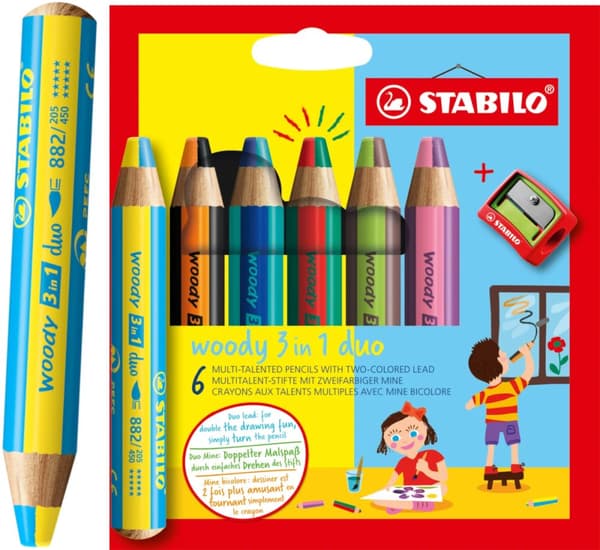 Stabilo Woody 3in1 Duo pennor 6 st + vässare 8826-2