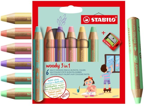 Stabilo Woody 3-i-1 blyanter 6 stykker pastel + spidser 8806-3
