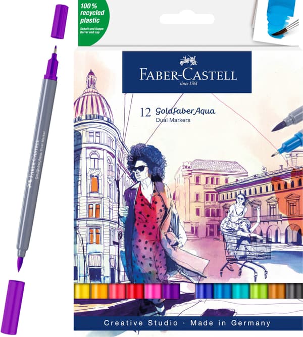 Goldfaber Aqua dobbeltsidede akvarelmarkører Sæt med 12 farver Faber-Castell 164612FC