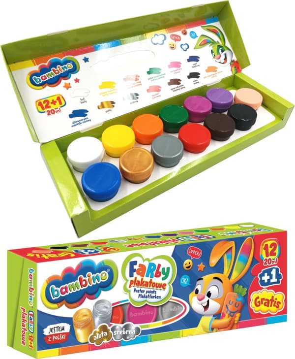 Bambino Poster Paints 12 farver +1 kødfarvet maling, 20 ml MO-FPX-12+1-XXX-STAN-XX