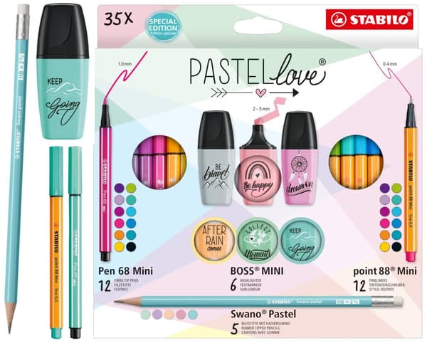 Sæt STABILO point 88 mini/ STABILO Pen 68 Mini/ BOSS Mini Pastellove 2.0/Swano Pastel blyant - etui 35 stk 77/5-9-5