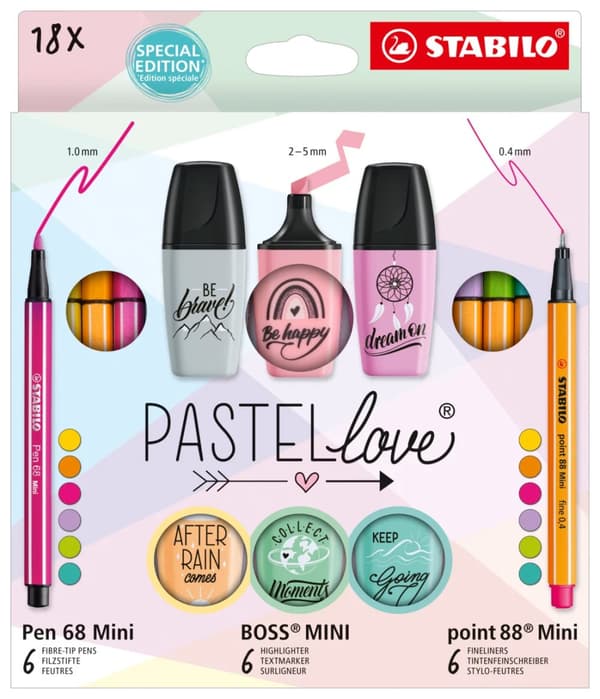 Sæt med STABILO point mini tusch/STABILO Pen 68 Mini tusch/BOSS Mini Pastellove 2.0 highlighter - etui 18 stk 77/5-8-5