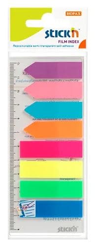 Hakemisto kirjanmerkit. 8 col. neon x 25 kpl. (raidat + nuolet) + viivain Stickn 21346