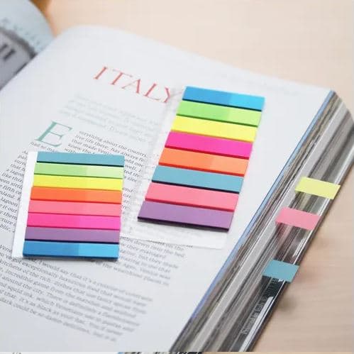 Hakemisto kirjanmerkit. 8 col. neon x 25 kpl. + Stickn viivain 21345