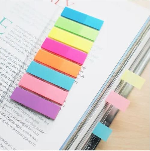 Hakemisto kirjanmerkit. 8 col. neon x 25 kpl. + Stickn viivain 21345