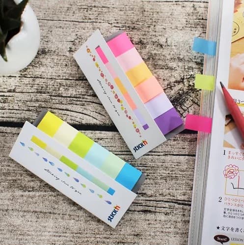 Individuelle bogmærker papir. 45x15mm, 6 neon farver. sommer 180 kort Stickn 21596