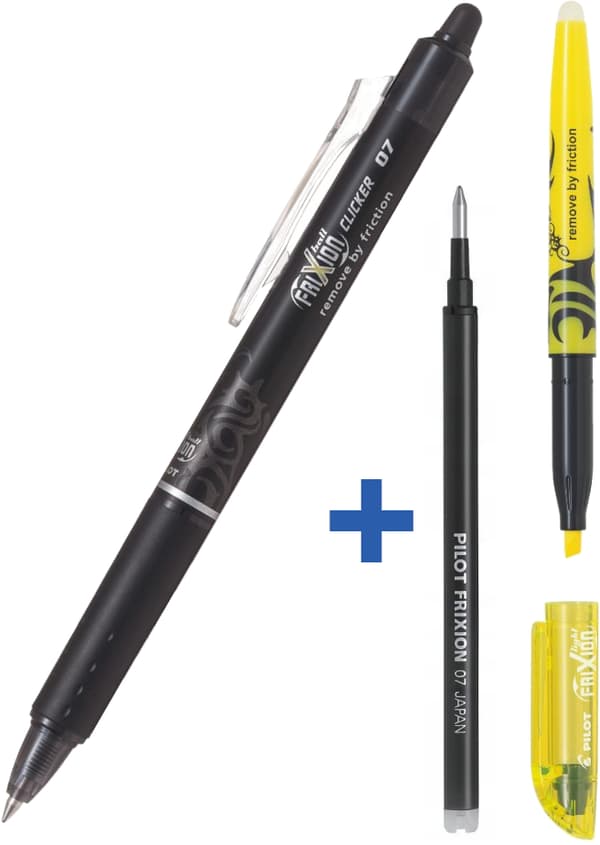 Sæt Pilot Frixion Cliker Black Pen + Frixion Black Refill + Frixion Highlighter PIBLRT-FR7-B+SW+S1