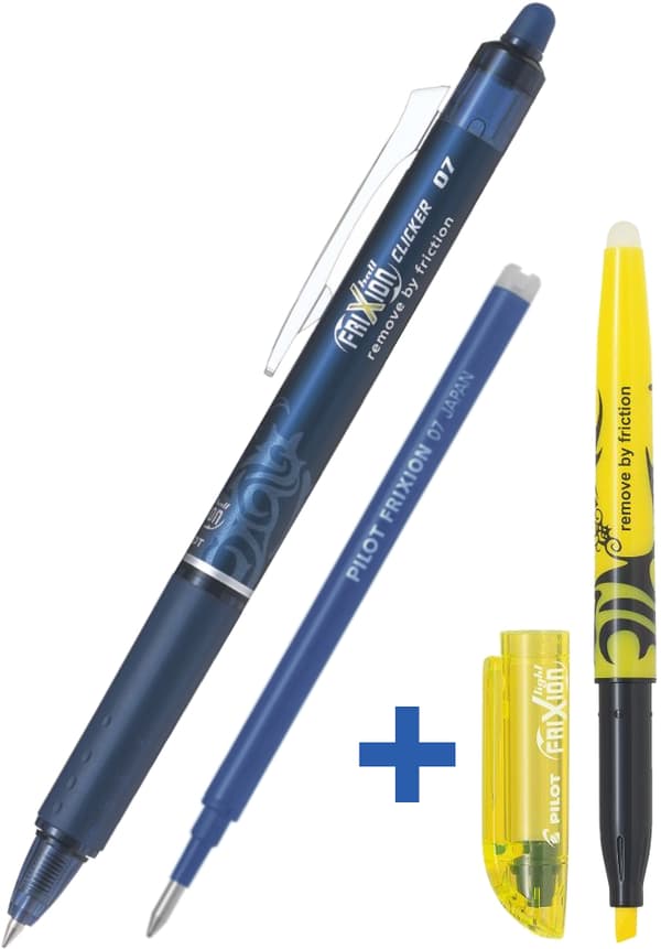 Sæt med Pilot Frixion Cliker 0.7 Navy Blue Kuglepen + Frixion Navy Blue Refill + Frixion Highlighter PIBLRT-FR7-BB+SW+S1