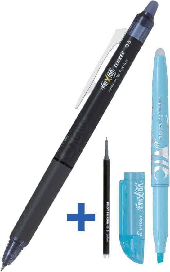 Sæt med Pilot Frixion Cliker 0.5 Navy Blue Kuglepen + Navy Blue Refill + Frixion Highlighter PIBLRT-FRP5-BB+SW+S2