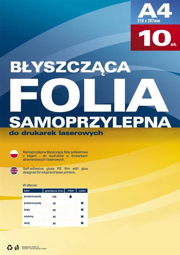 Itseliimautuva kalvo lasertulostimille A4 /10 kpl/ Argo White '434011'