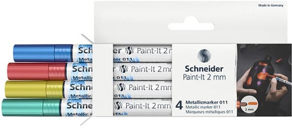 Schneider Paint-It metallisk akryl tusch 2 mm 4 stykker - blå, rød, gul, grøn