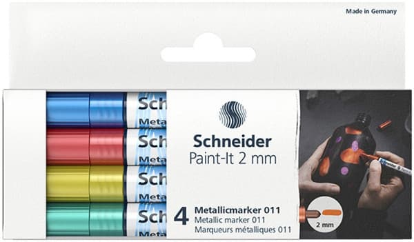Schneider Paint-It metallisk akryl tusch 2 mm 4 stykker - blå, rød, gul, grøn
