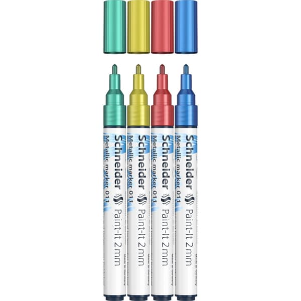 Schneider Paint-It metallisk akryl tusch 2 mm 4 stykker - blå, rød, gul, grøn