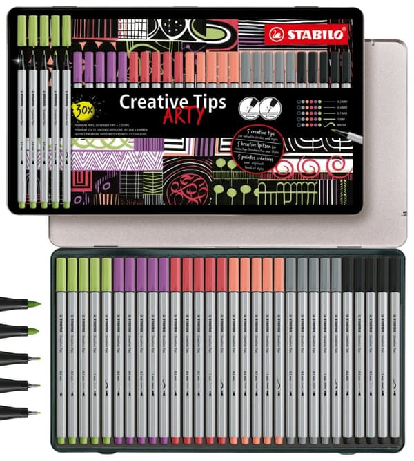 Sæt STABILO Creative Tips ARTY point 88/Flamaster Pen 68/Flamaster Pen 68 pensel - pastelfarver - metalkasse 30 stk.