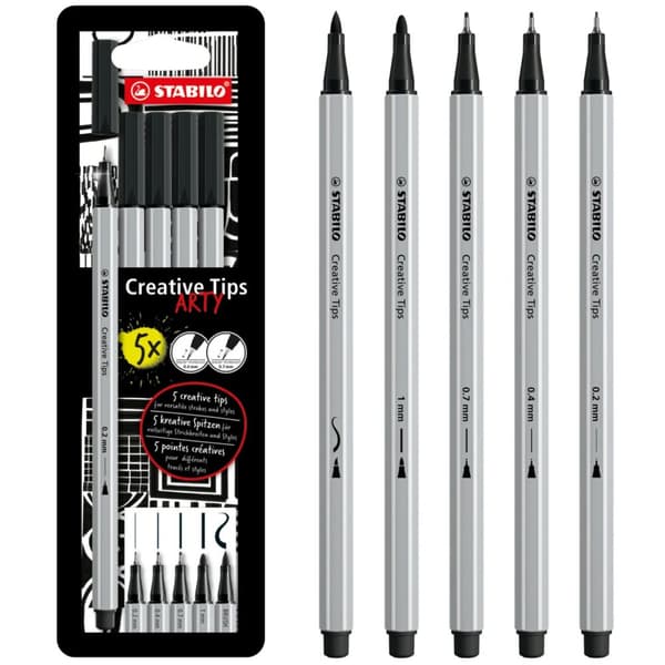 Sæt med STABILO Creative Tips Fineliner ARTY 88/Flamaster Pen 68/Flamaster Pen 68 børste papkasse 5 stk sort 89/5-1-20