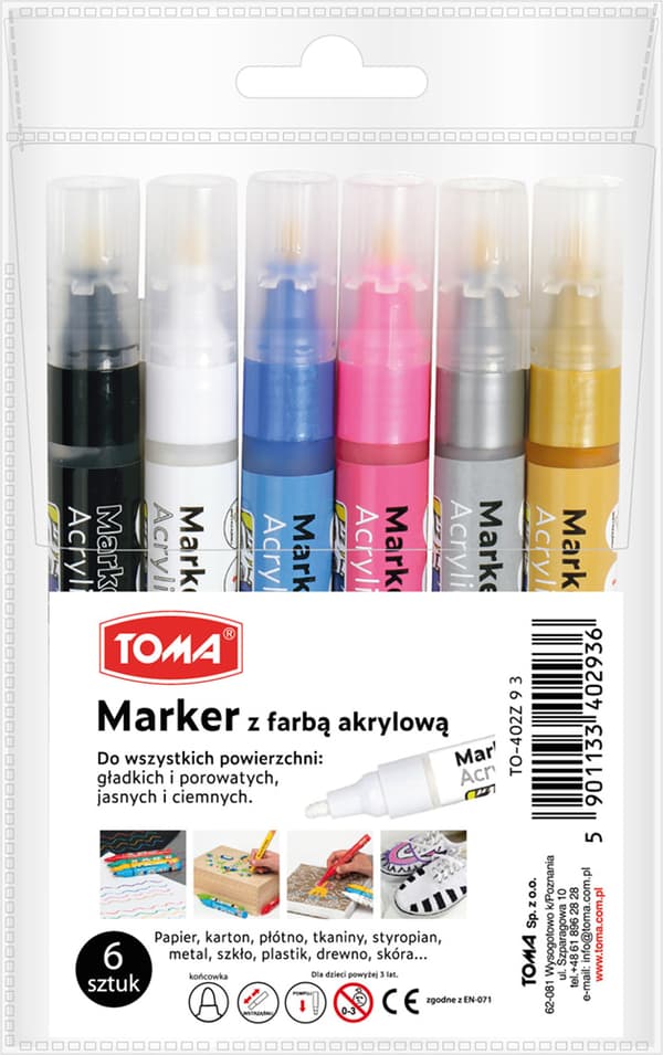 Toma Acrylic Marker 402 rundt sæt med 6 blandede farver Metallic TO-402Z93