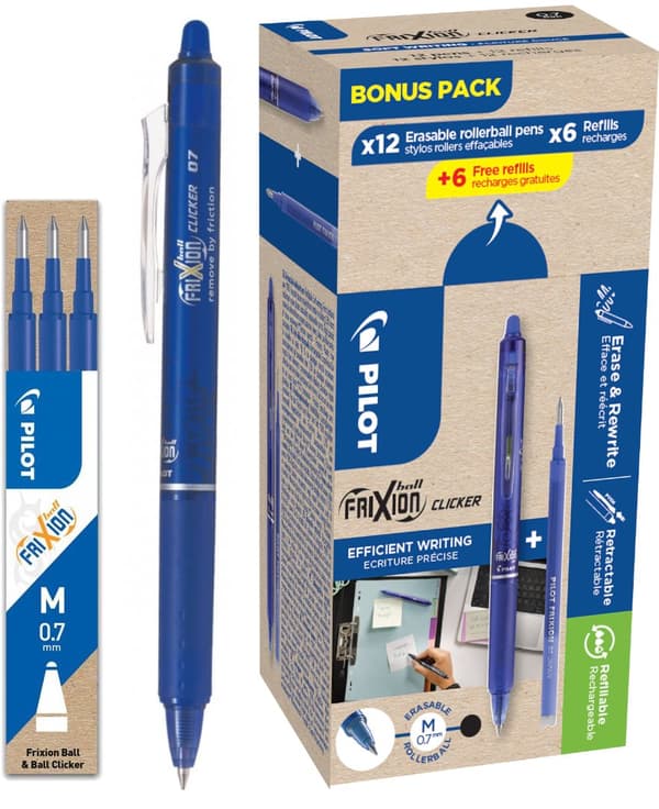 Pilot CLICKER BLUE kuulakärkikynä 12 kpl + FRIXION BLUE REFILL 12 kpl PIBLRT-GREENPACK-L