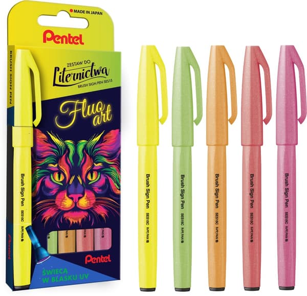 Penseltegn Pen Fluo Art bogstavsæt 5 farver SES15C-ST5FLUOPL Pentel