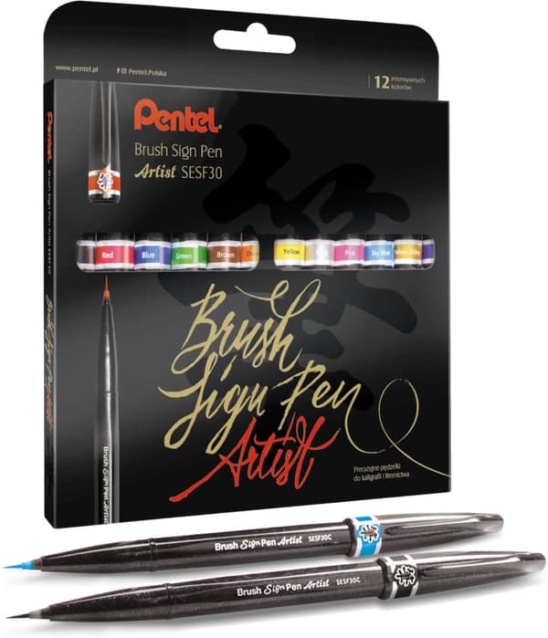 Penselskylt Penna Artist Bokstäver Set 12 färger SESF30C-ST12 Pentel