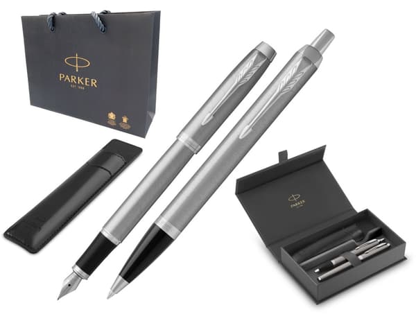 Sæt kuglepen + Parker IM Silver CT fyldepen i æske med etui 2214458