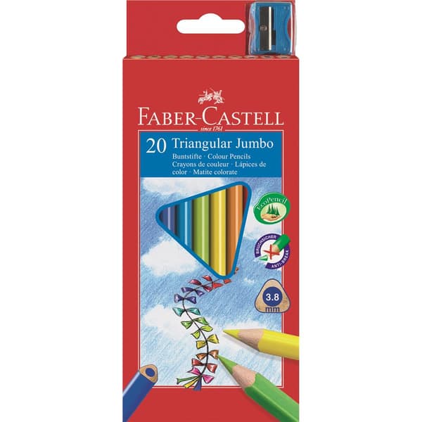 Jumbo trekantede blyanter 20 farver + spidser emballage pap Faber-Castell 116520