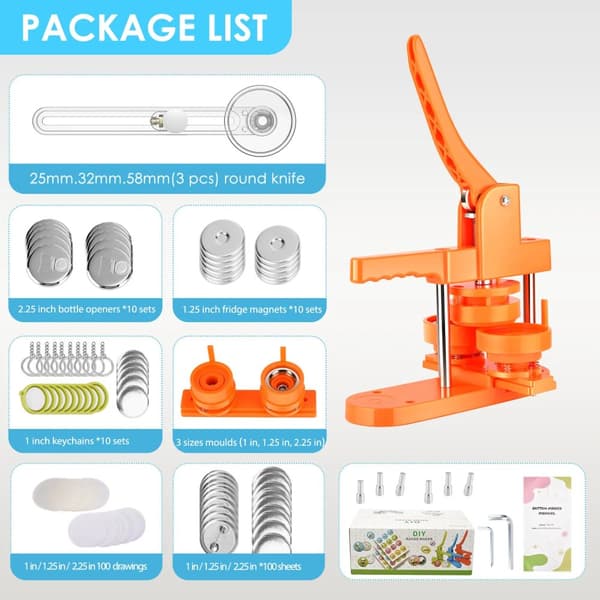 Badgemaskin för knappar, 300 set ingår, ergonomisk design,orange