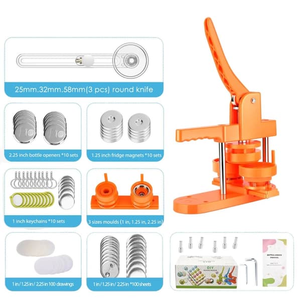 Badgemaskin för knappar, 300 set ingår, ergonomisk design,orange