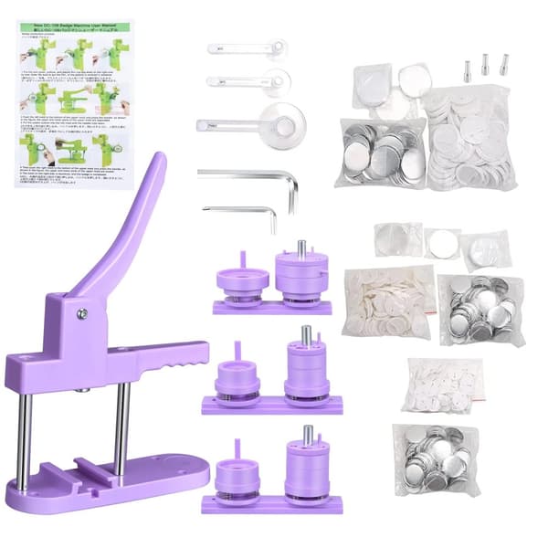 Badge Maker Maskine, 300 Sæt Inkluderet, Udskiftelige Forme 25mm, 32mm, 58mm,lilla