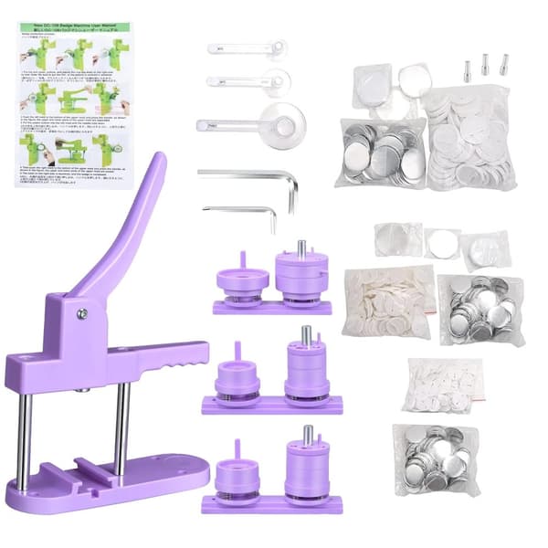 Badge Maker Maskine, 300 Sæt Inkluderet, Udskiftelige Forme 25mm, 32mm, 58mm,lilla