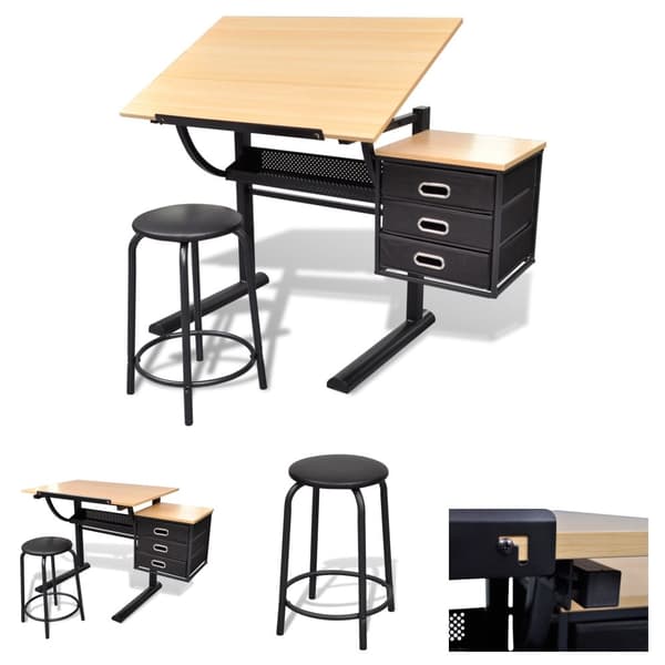 The Living Store tegnebord med skammel og tre skuffer vipbar bordplade -  Tegneborde