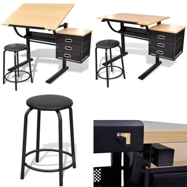 Tegnebord med skammel og tre skuffer vipbar bordplade - Skrivebord - Skriveborde - Home & Living