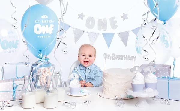 Fødselsdagspynt til 1 års fødselsdag, blåt og sølv sæt