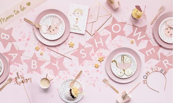 Banner med inskription til babyshower, lyserøde stjerner, 290cm x 16,5cm