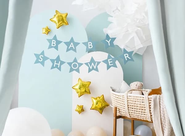 Banderoll med inskription för en babyshower, ljusblå stjärnor, 290cm x 16,5cm