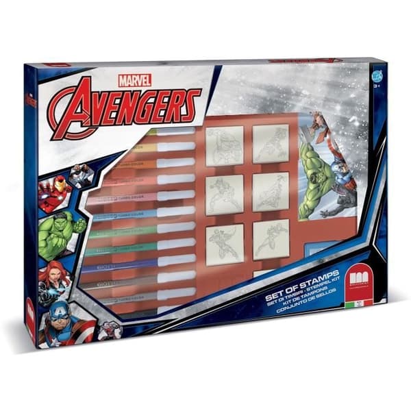 Stämpelset - MULTITRYCK - 4873 - Avengers - 7 stämplar i trä och latex, 12 Giotto-markörer, linjal, målarbok
