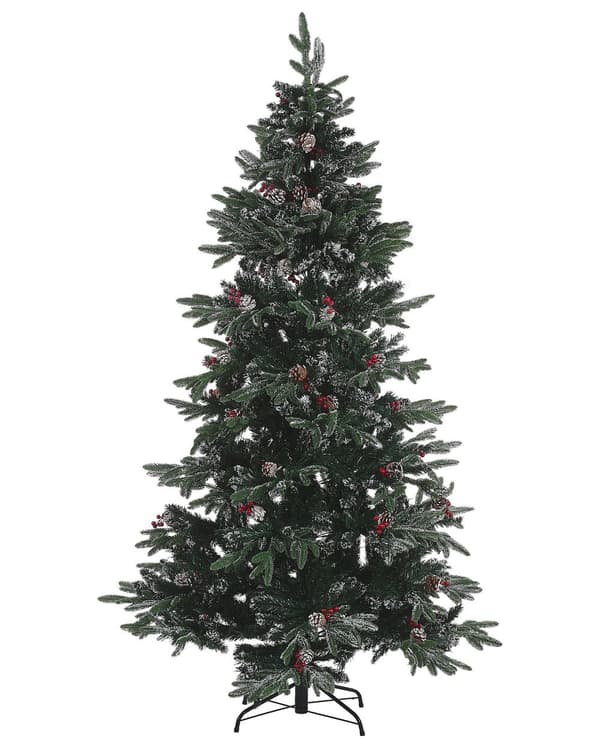 Kunstigt Juletræ Grøn PVC Metalfod 210 cm Dekorativ Snedækket Plastik Juletræ Indendørs med Fyrrekogler Traditionel Julepynt Tilbehør