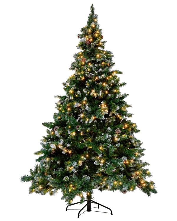 Kunstigt Juletræ Grønt PVC Syntetisk Metal 180 cm Forbelyst Sne Frostet Flokkede Grene LED Fairy Lys Grankogler Ferie