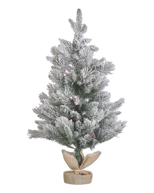 Joulukuusi vihreä muovi 90 cm LED-valoilla kuuraiset oksat juuttikankainen ruukku