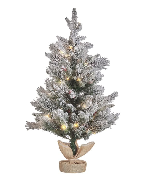 Joulukuusi vihreä muovi 90 cm LED-valoilla kuuraiset oksat juuttikankainen ruukku