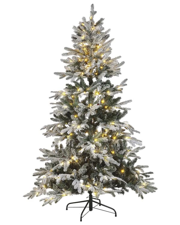 Joulukuusi valkoinen muovi 180 cm lumiset oksat LED-valoilla joulukoriste