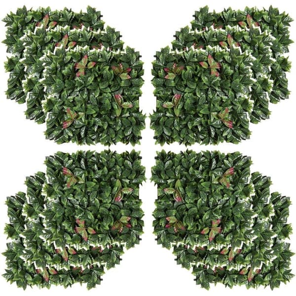 Rootz 12 stykker kunstig plante - Vægpanel - Havehegn - Altanhegn - Stuevægge - Grøn + Rød - 50 x 50 cm