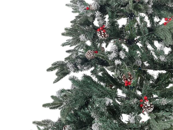 Kunstigt, snehvidt, grønt juletræ med PVC-metalfod 240 cm med kogler og kristtornfrugt traditionel